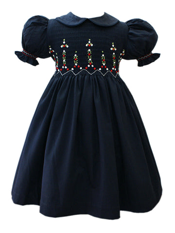 Beautiful Navy Blue Winter Christmas Special Occasion Photoshoot Smocked and Embroidered Classic Dress for Girls