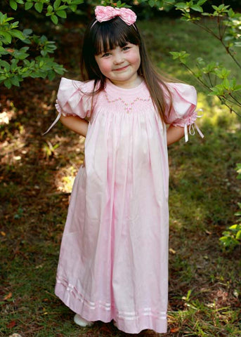 Baby Girls Smocked Pink Dress Bishop with Ribbons--Carousel Wear - 1