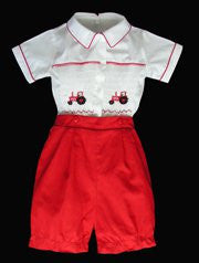 Boys Smocked Tractor Buttons on Shorts White and Red--Carousel Wear