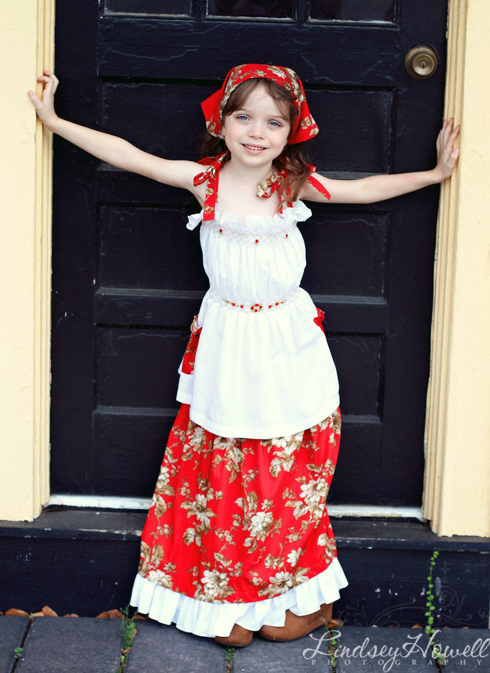 Girls Hand Smocked Summer Red Girls Outfit Top Skirt Bandana and Short Set