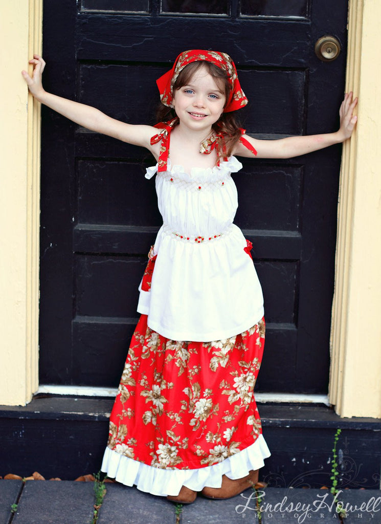 Girls smocked summer red girls top, skirt, bandana and short set--Carousel Wear - 1