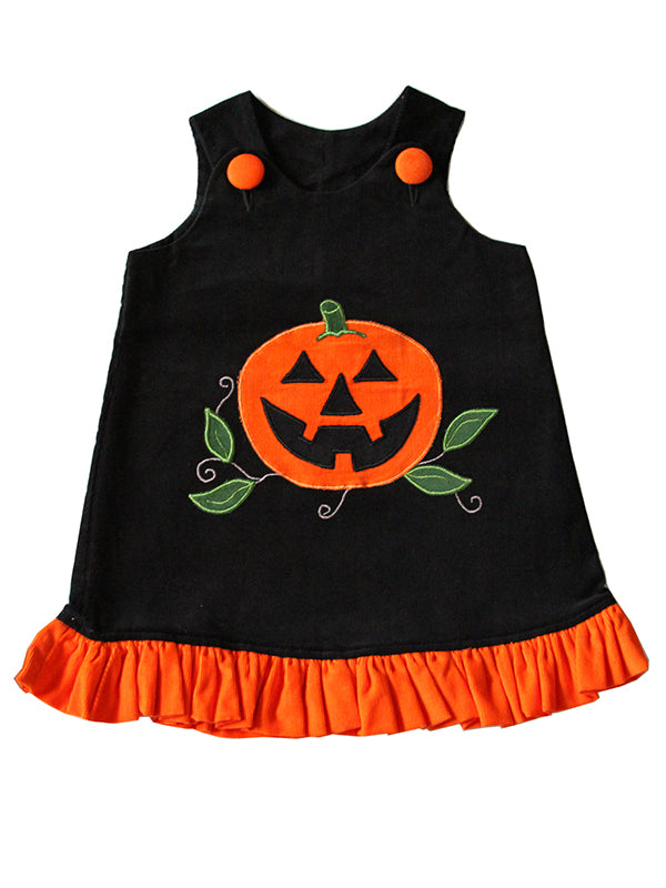 Baby girls black jack-o’-lantern Halloween jumper dress with orange ruffle trim
