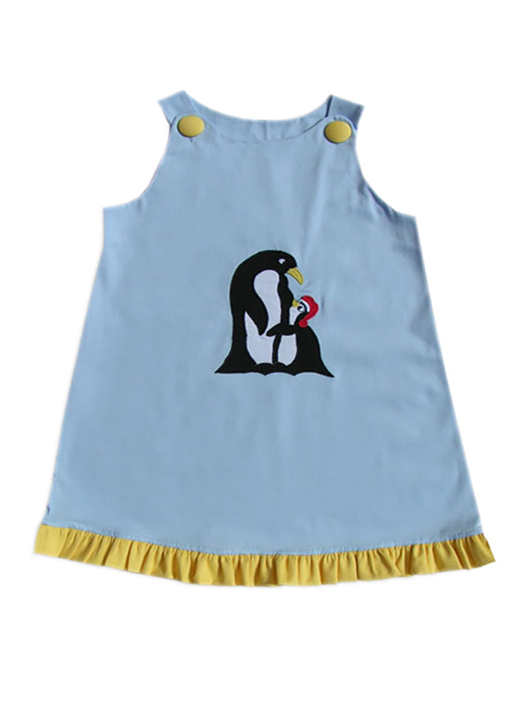 Adorably Cute Light Blue Christmas Winter Holiday Embroidered Jumper Dress for Girls - Penguin Design 