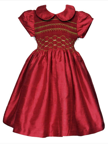 Beautiful Elegant Red Silk Christmas Winter Holiday Smocked and Embroidered Dress for Girls