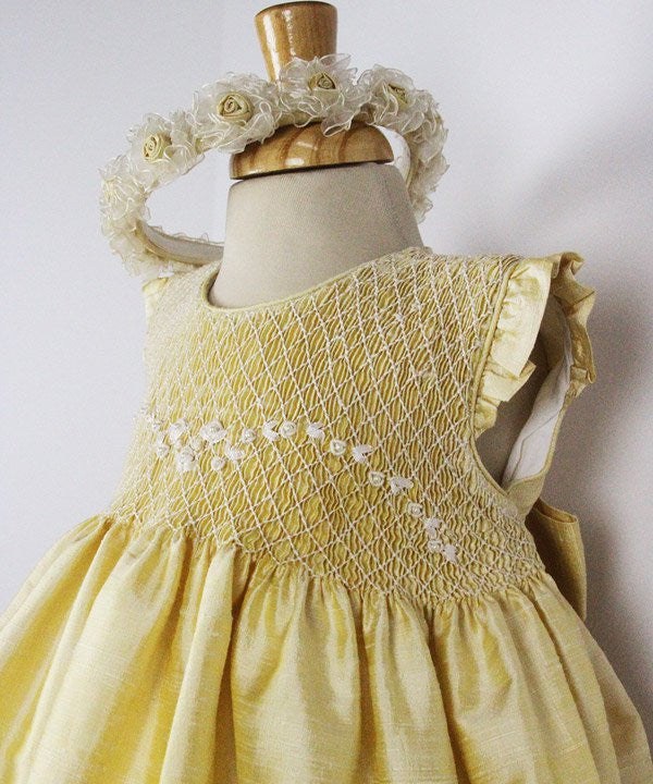 Golden Yellow Hand Smocked Sleeveless Baby Girls Silk Dress 3 Months Golden Yellow Hand Smocked Sleeveless Baby Girls Silk Dress 3 Months