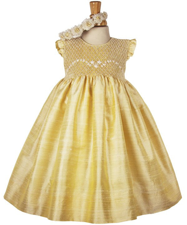 Golden Yellow Hand Smocked Sleeveless Baby Girls Silk Dress 3 Months Golden Yellow Hand Smocked Sleeveless Baby Girls Silk Dress 3 Months