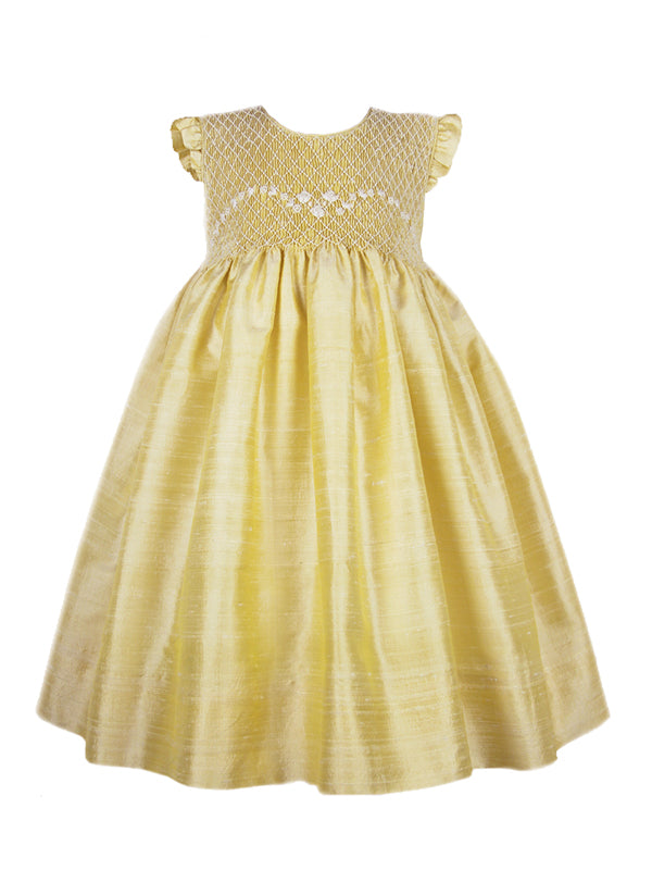 Golden Yellow Hand Smocked Sleeveless Baby Girls Silk Dress
