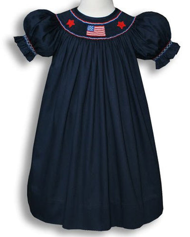 Girls Patriotic Bishop Dress with Smocked Flag in Navy 4th of July--Carousel Wear - 2