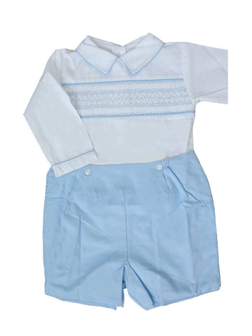 Adorable Light Blue Spring Easter Holiday Smocked and Embroidered Short Set for Boys