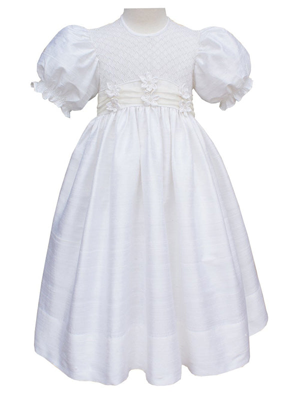 Beautiful Classic White Smocked and Embroidered Christening Baptism Dress Gown for Baby Girls