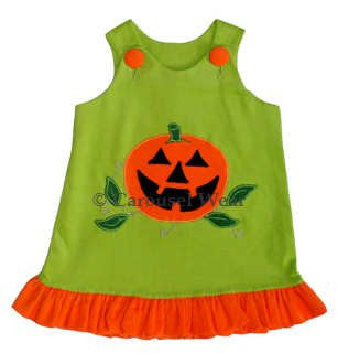 Girls green Halloween A-line dress with jack-o-lantern applique