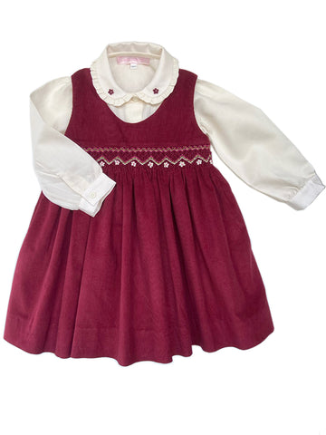 Beautiful Adorable Maroon Red Corduroy Winter Fall Christmas Thanksgiving Holiday Smocked and Embroidered Overall Dress for Girls