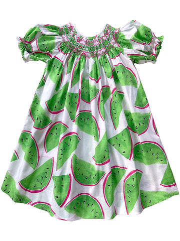Adorable Sweet Green Watermelon Summer Holiday Smocked and Embroidered Bishop Dress for Girls - Inverted Watermelon All Over Print Design 