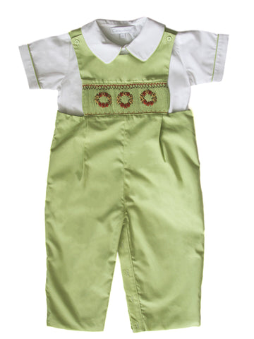 Adorable Green Fall Thanksgiving Holiday Smocked and Embroidered Long Overall Pants for Boys - Autumn Wreath Embroidery Design