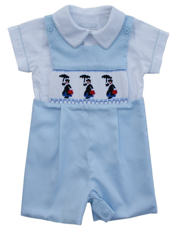 Adorable Light Blue Disney Mary Poppins Smocked and Embroidered Short Overalls for Boys