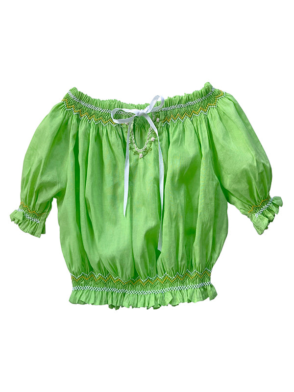 Girls Spring Summer Hand Smocked Green Blouse 5/6 Years