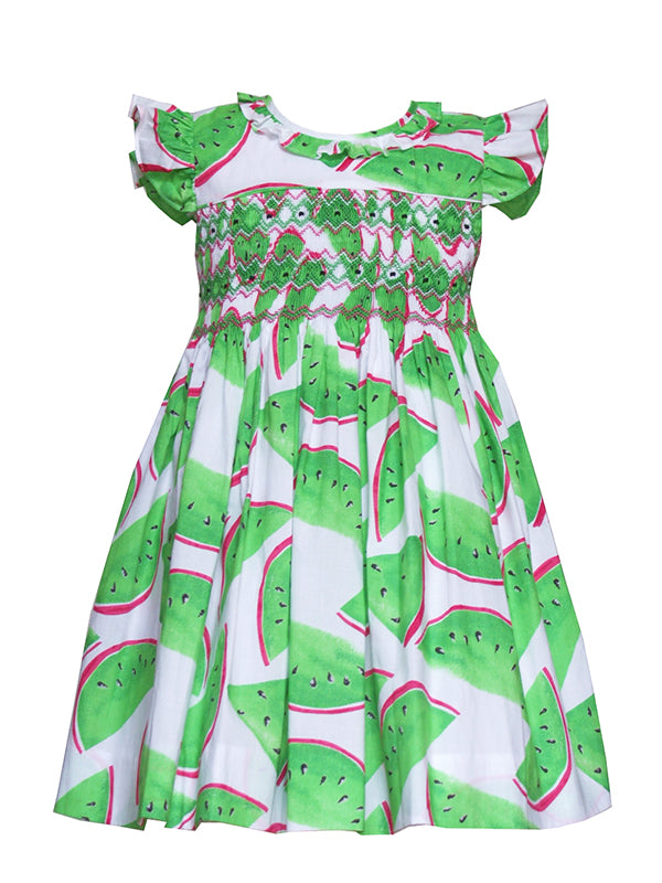 Summer Green Watermelon Girls Hand Smocked Dress Summer Green Watermelon Girls Hand Smocked Dress