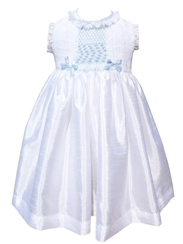 Beautiful Traditional White Hand Made Smocked and Embroidered with Lace and Light Baby Blue Ribbons Dress for Baby Girls