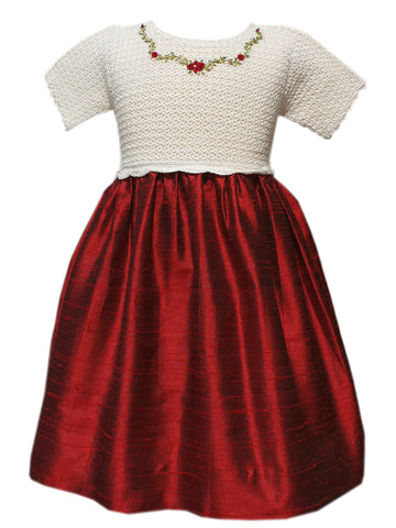 Beautiful Classic Hand Made White Red Winter Christmas Holiday Knitted and Embroidered Dupioni Silk Dress for Girls