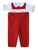 adorable fun red and white smocked and embroidered overall pants outfit for boys - dog puppy embroidery design 
