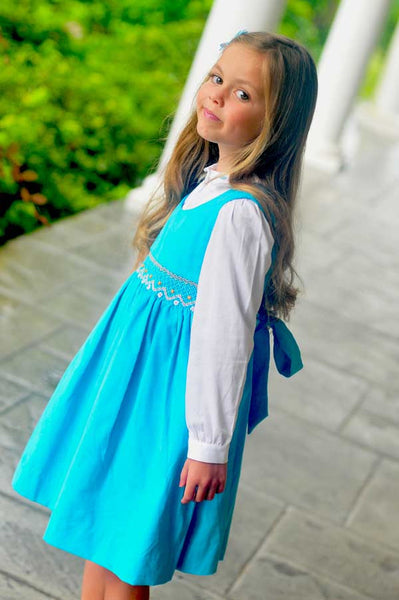 Girls Smocked Fall Winter Dress in Turquoise Corduroy and Long Sleeves