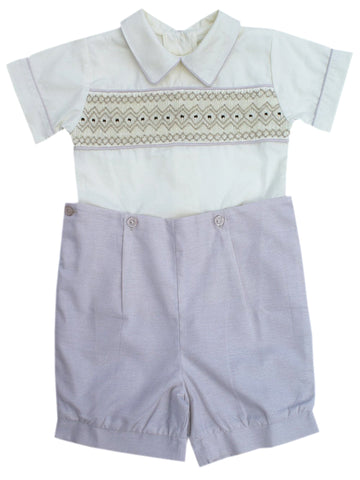 Classic Creme Beige Brown Smocked and Embroidered Collar Shirt and Shorts Outfit for boys