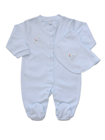 Adorable Light Blue Spring Easter Holiday Smocked and Embroidered Footie Onesie Pajama Bodysuit for Baby Boys - Bunny Rabbit with Carrot Embroidery Design