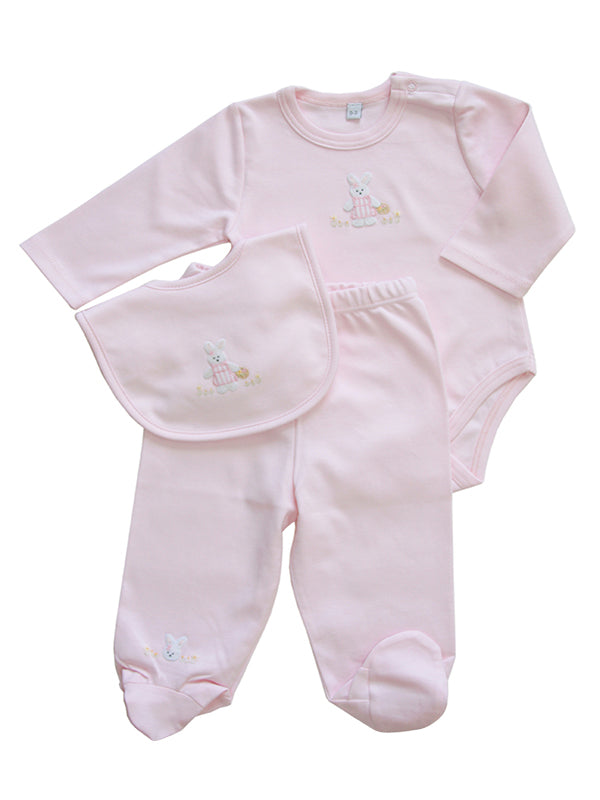 Adorable Light Pink Easter Spring Holiday Embroidered Footie Pajama Set with Matching Bib for Baby Girls - Bunny Rabbit Embroidery Design