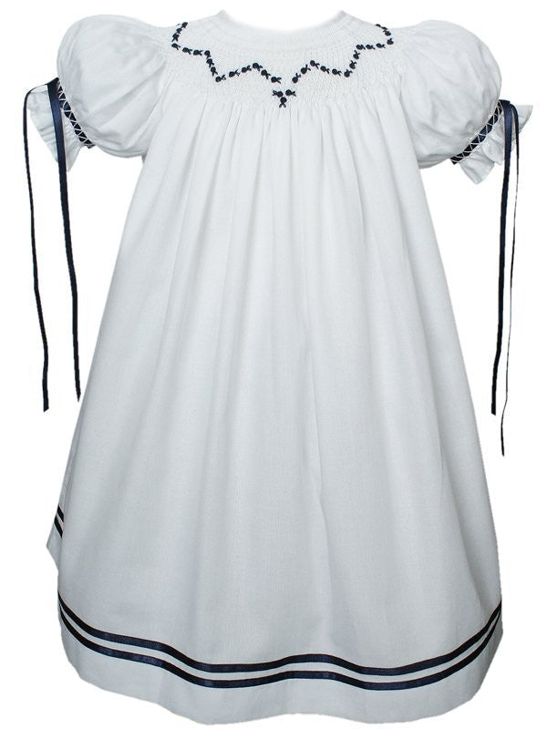White Navy Heirloom Baby Girls Smocked Bishop Dress 12 months White Navy Heirloom Baby Girls Smocked Bishop Dress 12 months