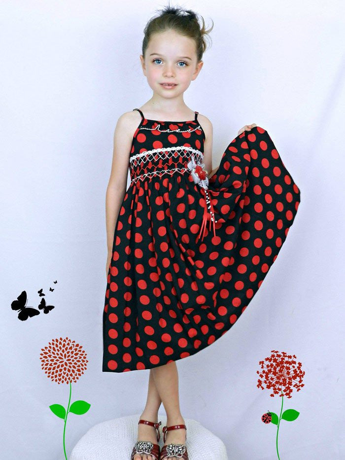 Girls Hand Smocked Summer Dress Black Red Polka Dots Girls Hand Smocked Summer Dress Black Red Polka Dots