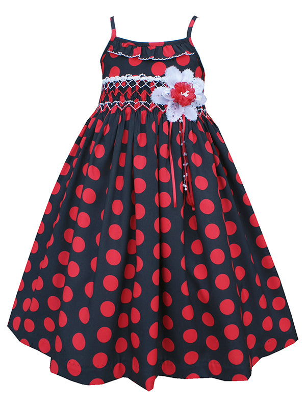 Girls Hand Smocked Summer Dress Black Red Polka Dots Girls Hand Smocked Summer Dress Black Red Polka Dots