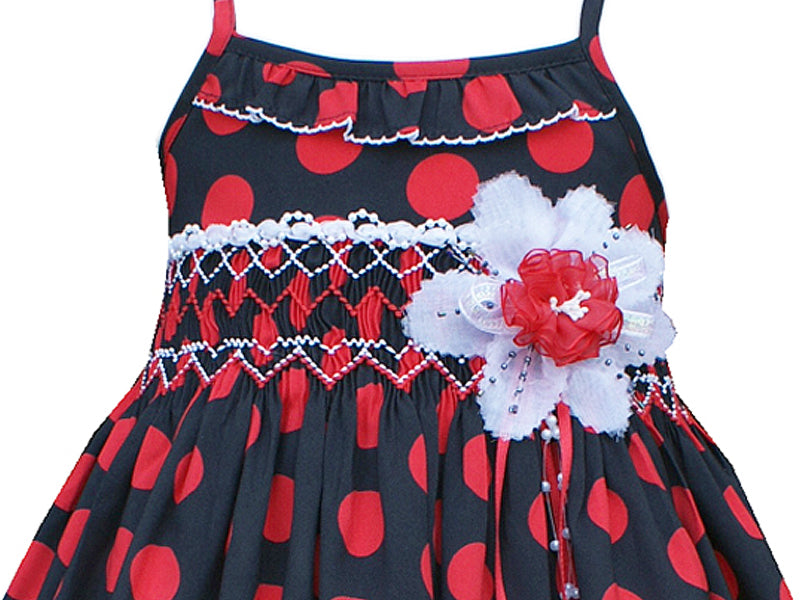 Girls Hand Smocked Summer Dress Black Red Polka Dots Girls Hand Smocked Summer Dress Black Red Polka Dots