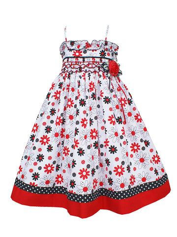 adorable fun black white red summer beach holiday smocked and embroidered ruffle circle strap dress for girls - flower floral polka dot all over print