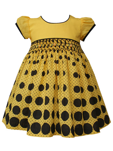 Adorable Fun Yellow and Black Polka Dot Spring Summer Holiday Bee Inspired Smocked and Embroidered Dress for Girls