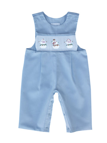 adorable fun blue winter christmas holiday smocked and embroidered overall pants for boys - snowman embroidery design