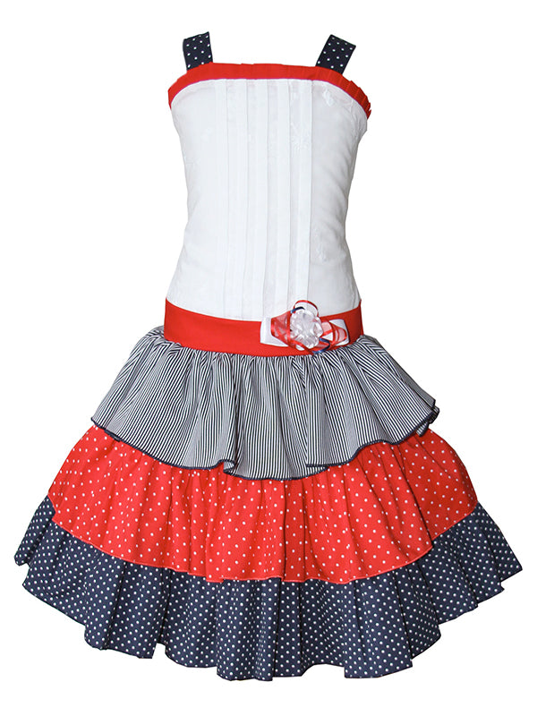 Adorable Fun White Navy Blue Red Polka Dot Summer Independence Day 4th July Beach Day 3 Tier Ruffle Strap Dress for Girls