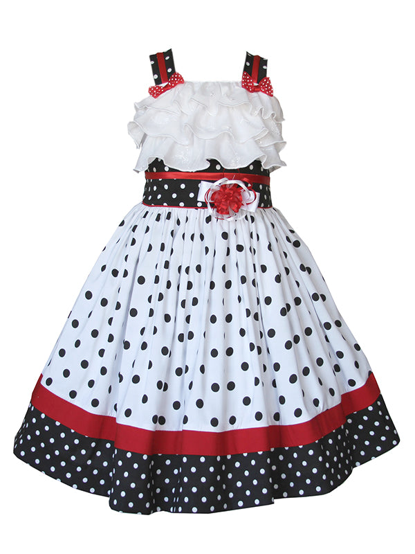 Adorable Fun Red Black and White Polka Dot Spring Summer Holiday Disney Bound Minnie Mouse Inspired Strap Dress for Girls with Ribbon Bows and Ruffles