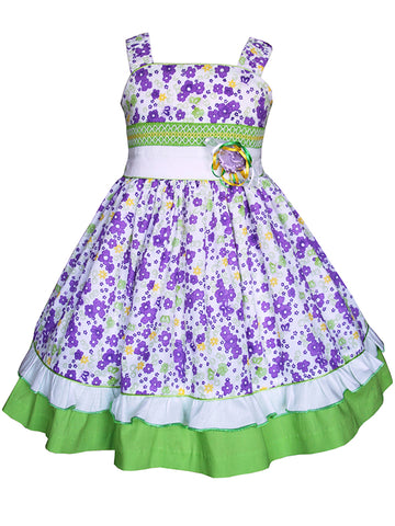 Beautiful Fun Purple Green and White Spring Easter Summer Smocked and Embroidered Strap Circle Dress for Girls - Floral Flower All Over Print Design