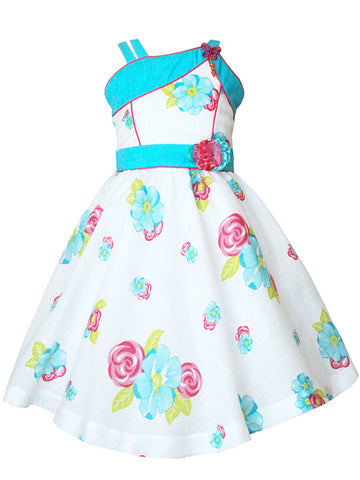 Adorable Beautiful Teal Blue White Spring Easter Summer Beach Holiday Embroidered Circle Twirl Strap Dress for Girls - Flower Floral All Over Print Design
