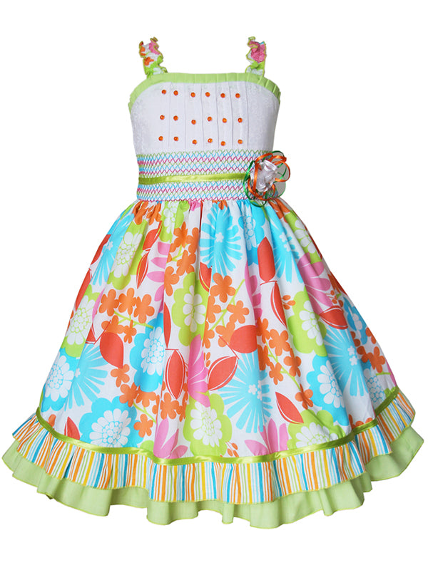Beautiful Fun Multi Color Spring Easter Summer Beach Holiday Smocked and Embroidered Twirl Circle Strap Dress for Girls - Blue Green Orange Pink White - Ribbons Ruffles 