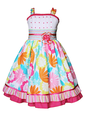 adorable fun multi color spring easter summer beach holiday smocked and embroidered ruffle circle skirt strap dress with button bodice for girls - pink yellow blue orange stripe flower floral all over print design