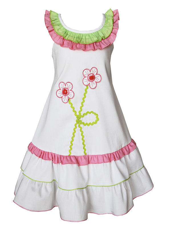 Adorable Fun White Light Pink Green Spring Easter Summer Beach Holiday Embroidered and Ruffle Dress for Girls - Flower Embroidery Design