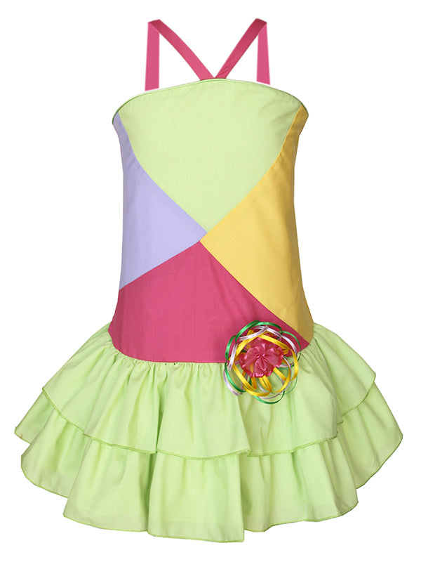 Adorable Fun Apple Green Spring Easter Summer Beach Holiday Patched V Strap Ruffle Dress for Girls