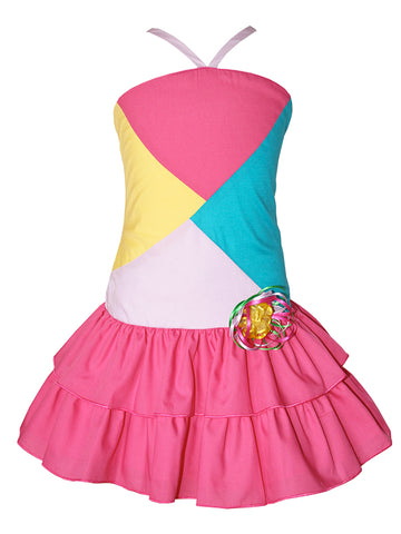 Girls Patched Summer Whimsy Dress with Tiered Pink Skirt--Carousel Wear