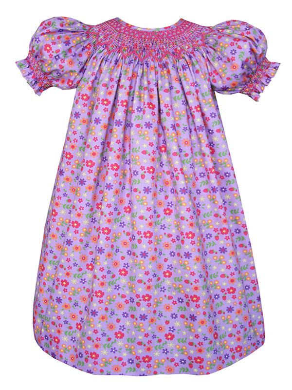 Adorable Fun Multi Color Purple Smocked and Embroidered Bishop Dress for Girls - Flower Floral All Over Print Design