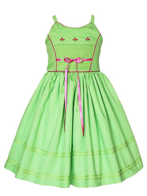 Baby Girls Pinafore Summer Dress with Smocked Panel and Pink Ribbons