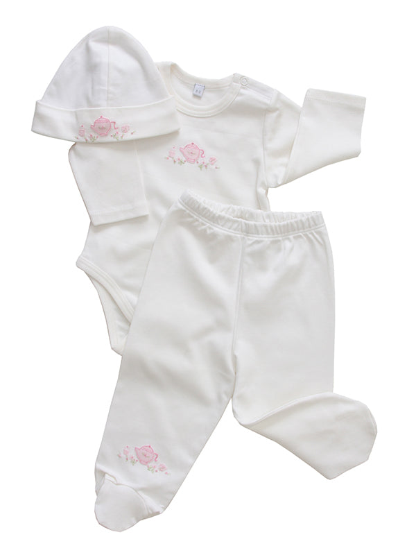 Baby girls pink tea cup onesie and footsie pants 3m--Carousel Wear - 1 - Teapot Embroidery Design 