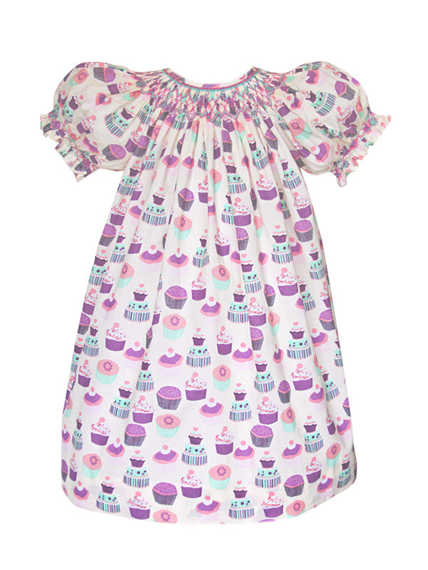 Girls Cupcake Birthday Dress Smocked by Hand Bishop Short Sleeves Girls Cupcake Birthday Dress Smocked by Hand Bishop Short Sleeves