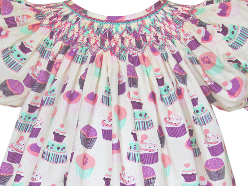 Girls Cupcake Birthday Dress Smocked by Hand Bishop Short Sleeves Girls Cupcake Birthday Dress Smocked by Hand Bishop Short Sleeves