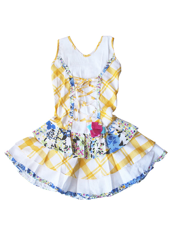 Adorable Fun Sassy Yellow Blue White Corset Ribbon Twirl Ruffle Dress for Girls - Flower Floral All Over Print Design